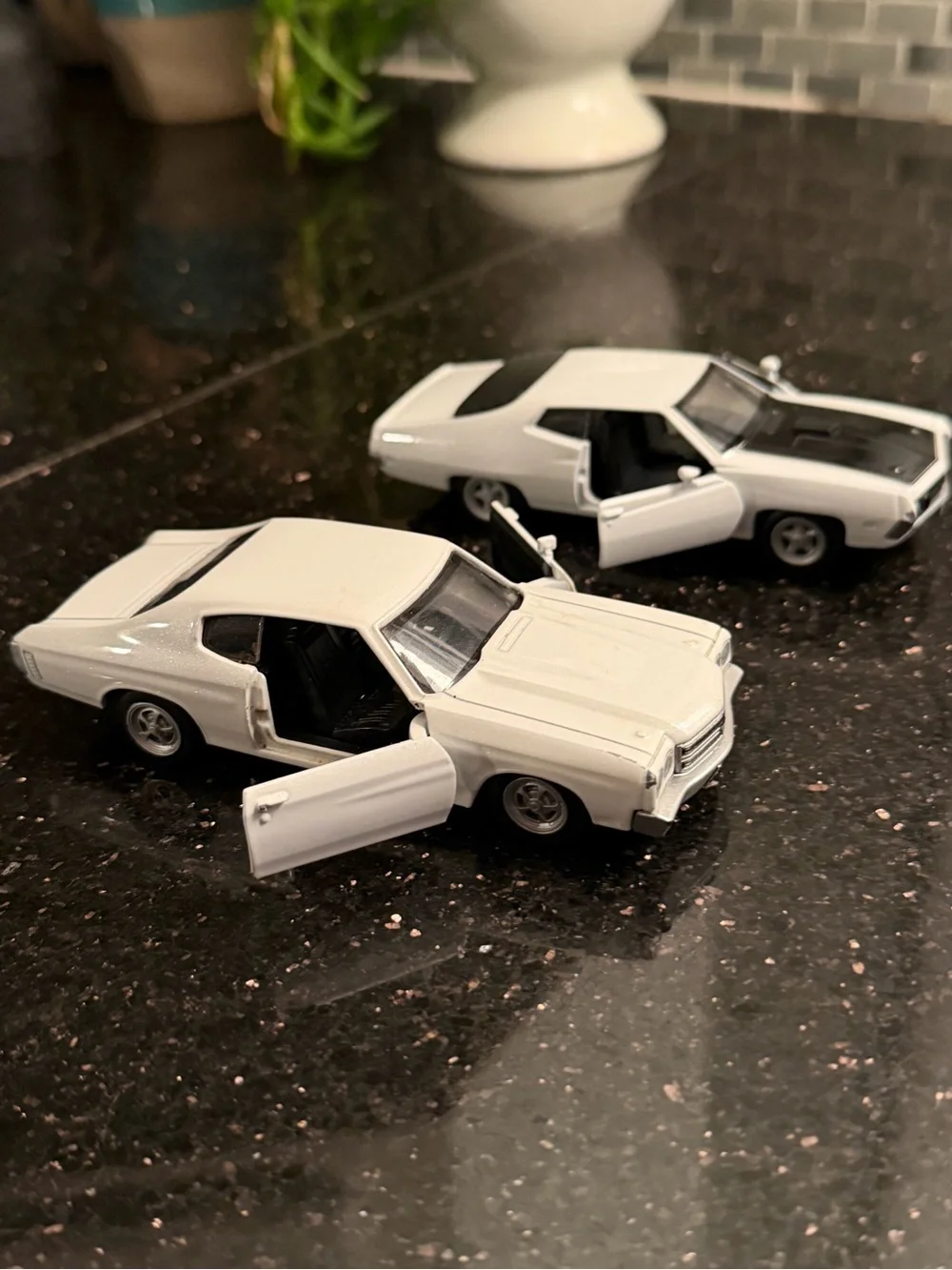 Pair White Die-Cast Friction Classic Ford & GM Vehicles